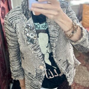 ST JOHN Silk/Wool Tweed Jacket with embroidered lapel and fringe  - Size 10 -